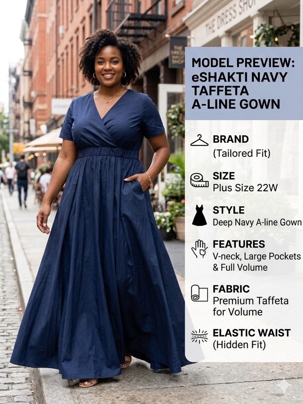 eShakti Navy Blue Taffeta Midi Dress V-Neck WITH POCKETS Custom Size